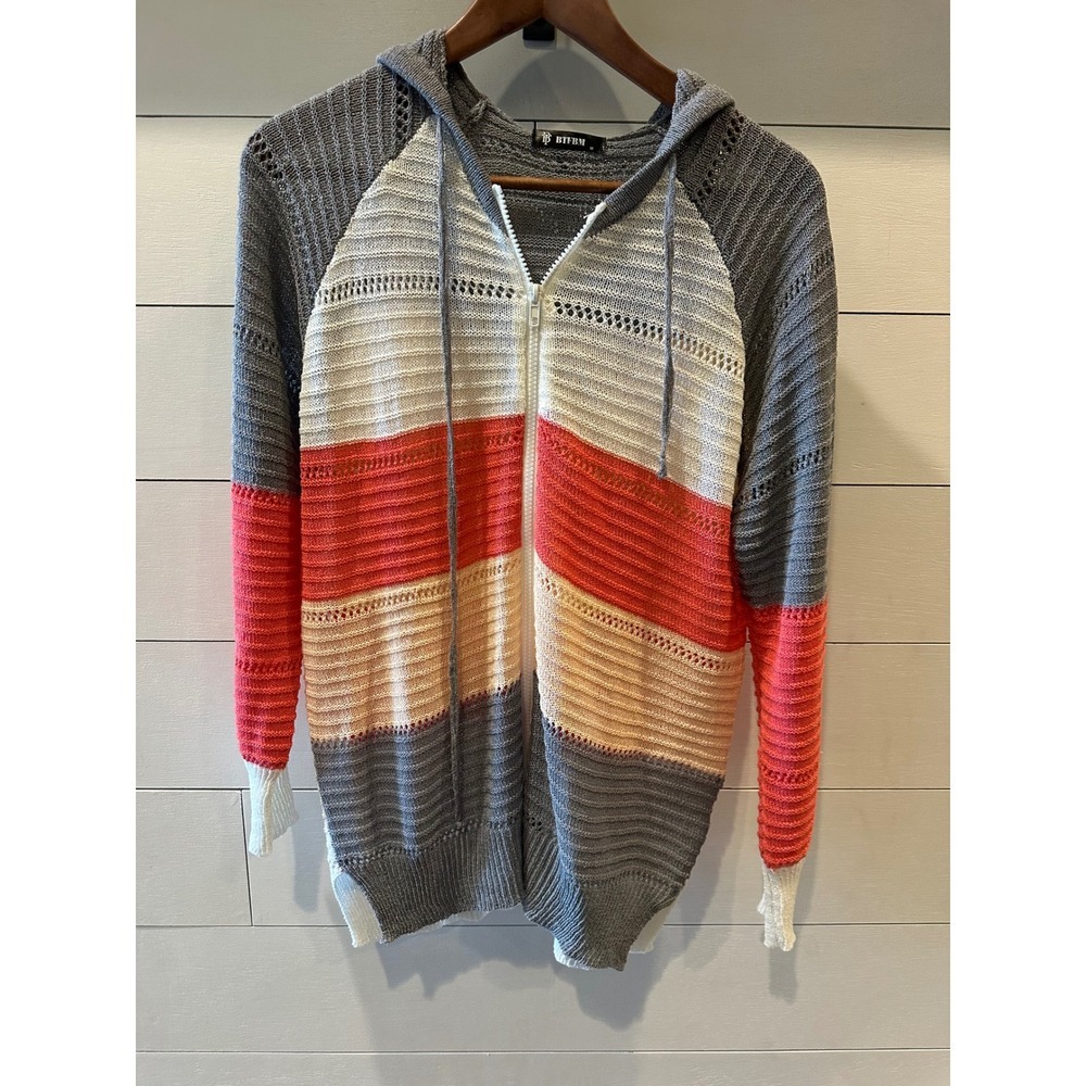 BTFBM Womens Colorblock Knit Zip Up Hoodie Sweater Grey Coral Pointelle Medium